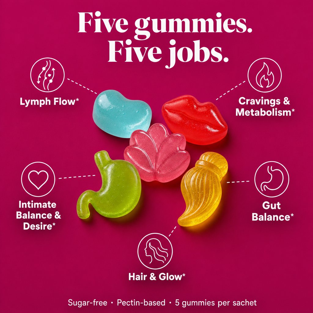 The five gummies: Lymph Flow, Cravings & Metabolism, Intimate Balance & Desire, Gut Balance, Hair & Glow