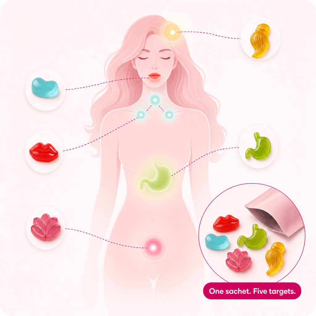 Illustration: five gummies, each targeting a different part of a woman's body