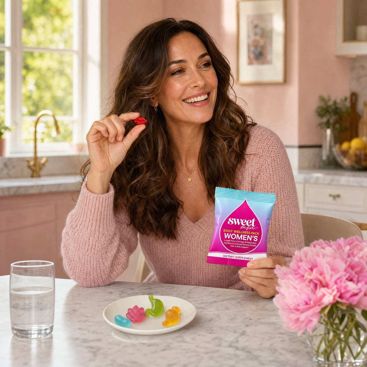 Woman smiling, holding a lips gummy and a Daily Wellness Pack sachet