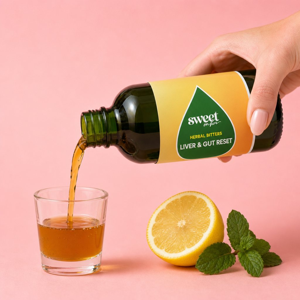 Pouring Liver & Gut Reset Bitters into a measuring glass