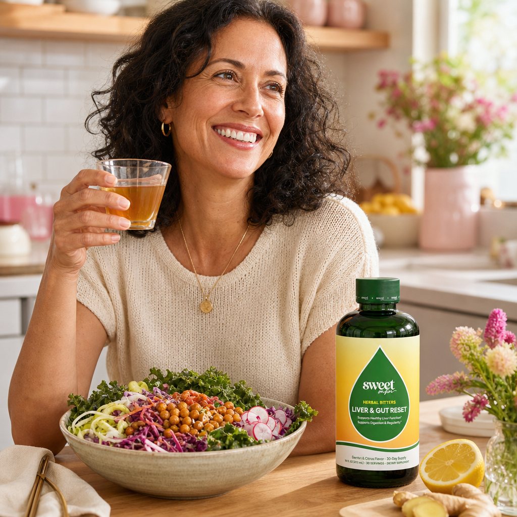 Woman sipping Liver & Gut Reset Bitters before a meal