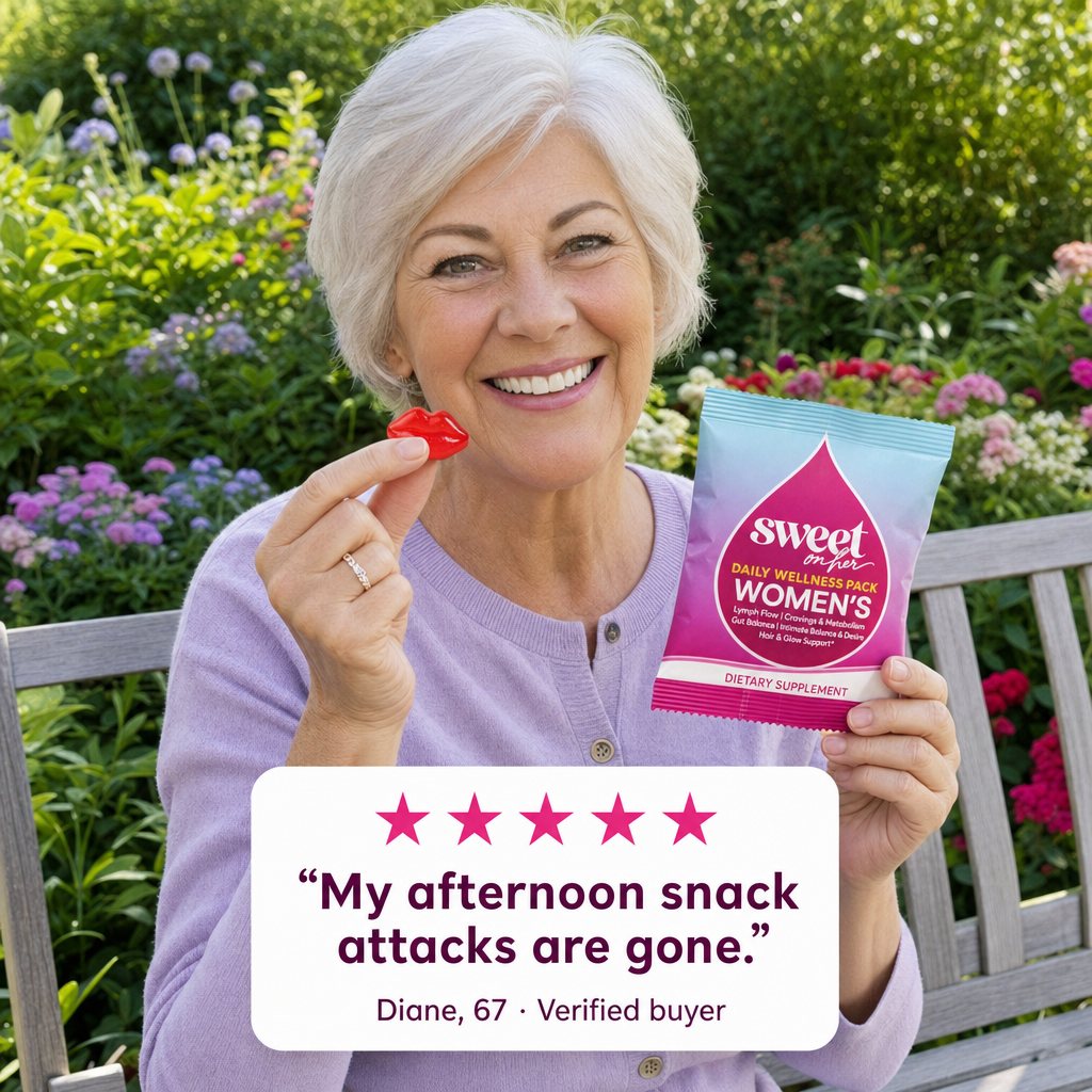 Woman in a garden holding a lips gummy and a Daily Wellness Pack sachet