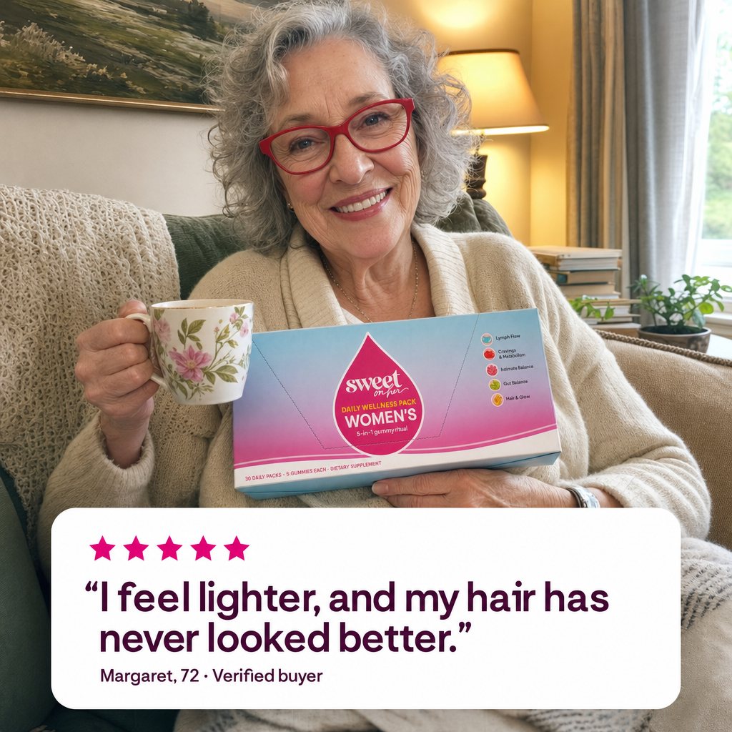 Woman with tea holding the Daily Wellness Pack box at home