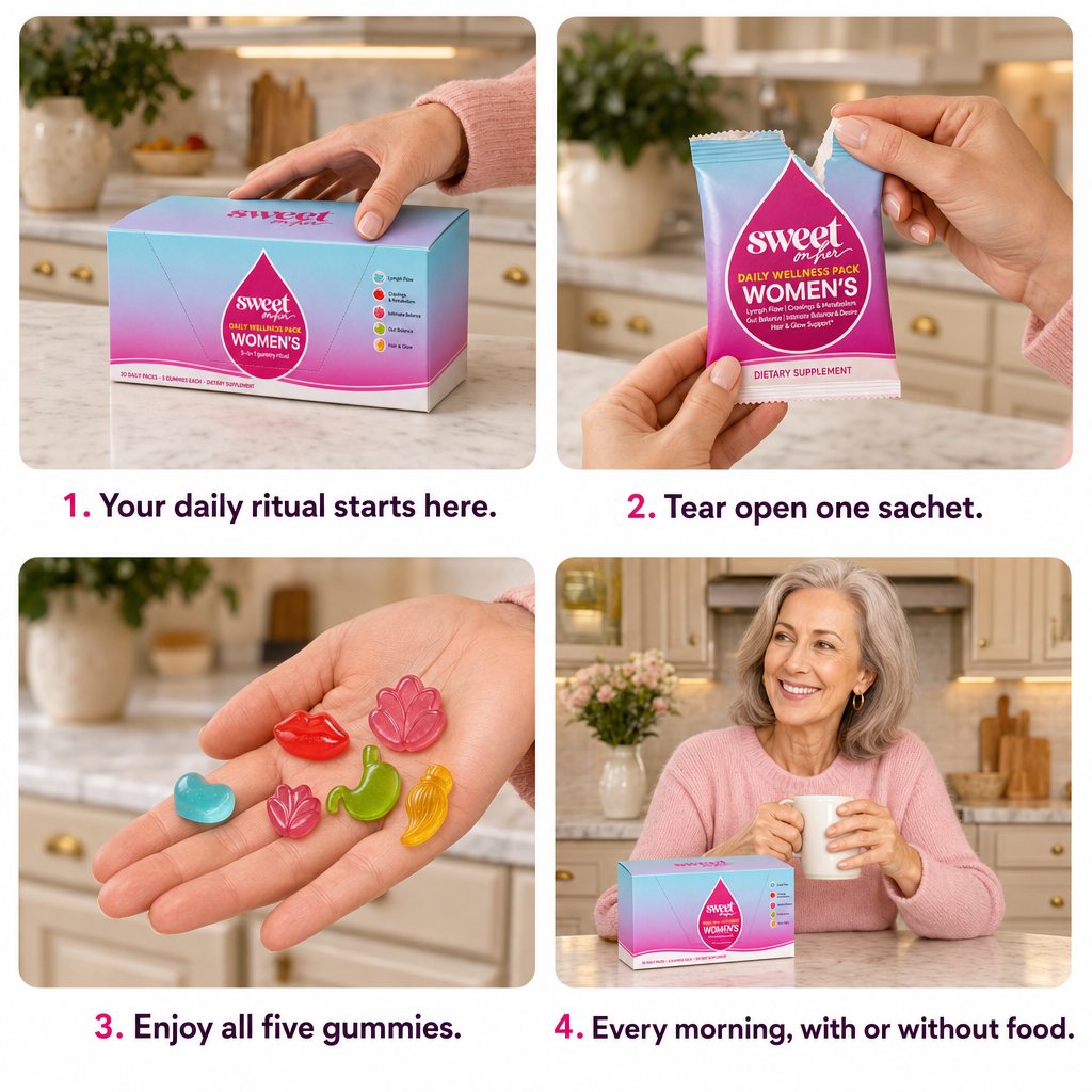 How to use: open the box, tear one sachet, enjoy all five gummies every morning