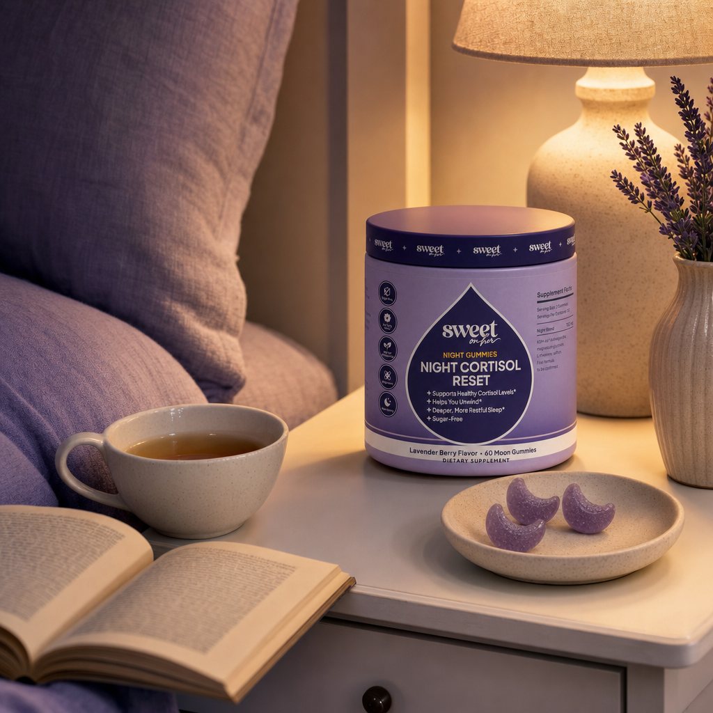Night Gummies jar on a bedside table with tea and a book