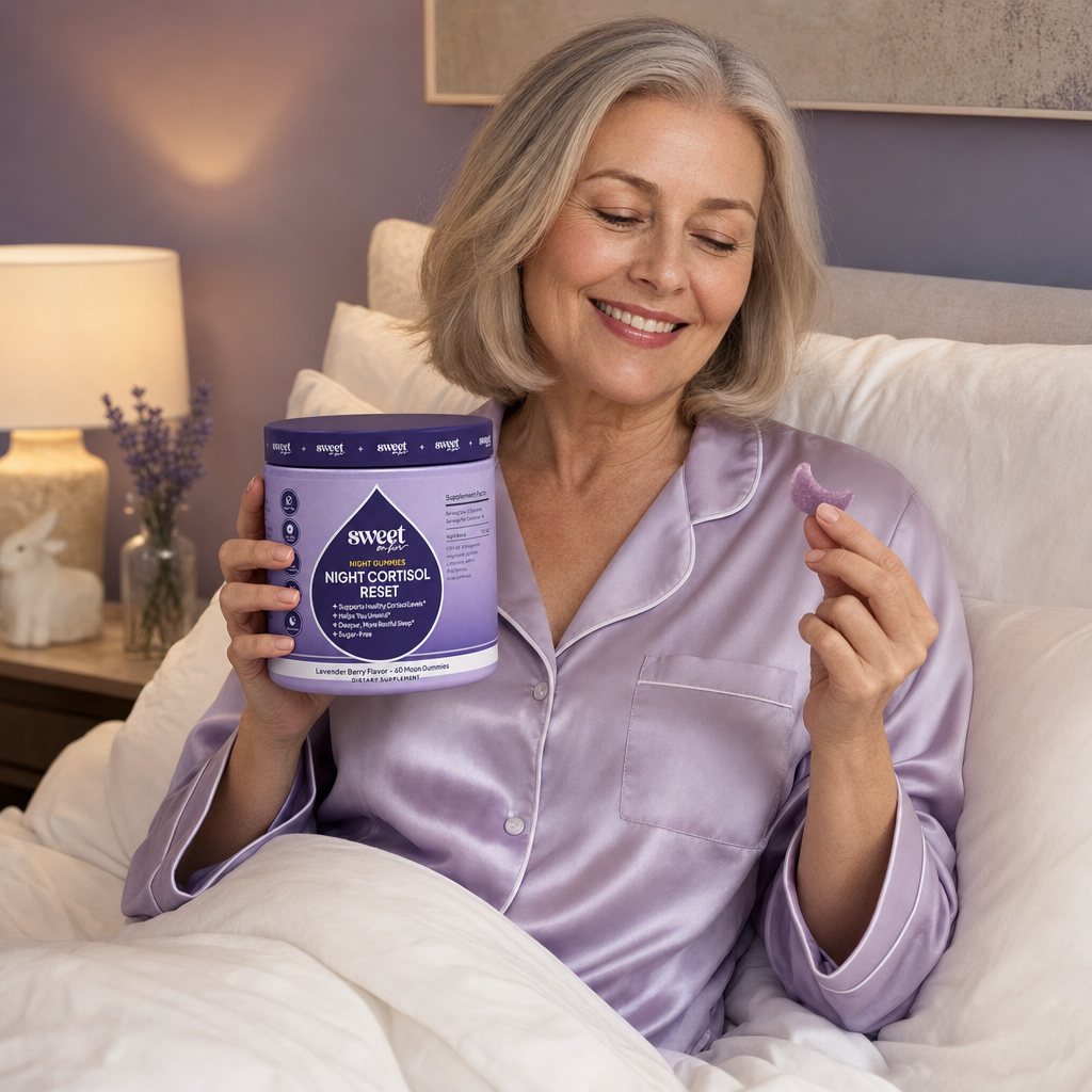 Woman in bed holding the Night Gummies jar